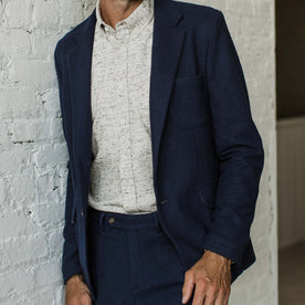 Our fit model wearing The Telegraph Jacket in Navy Boiled Wool by Taylor Stitch.