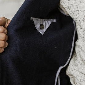 Our fit model wearing The Telegraph Jacket in Navy Boiled Wool by Taylor Stitch.