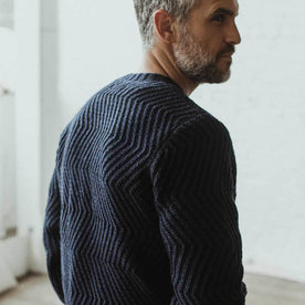 Our fit model wearing The Wave Sweater in Navy