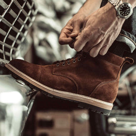 Our fit model wearing The Moto Boot in weatherproof Snuff Suede from Taylor Stitch.