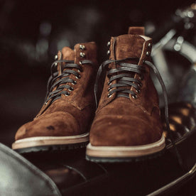 Our fit model wearing The Moto Boot in weatherproof Snuff Suede from Taylor Stitch.