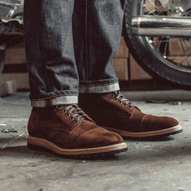Our fit model wearing The Moto Boot in weatherproof Snuff Suede from Taylor Stitch.