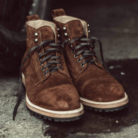 Our fit model wearing The Moto Boot in weatherproof Snuff Suede from Taylor Stitch.