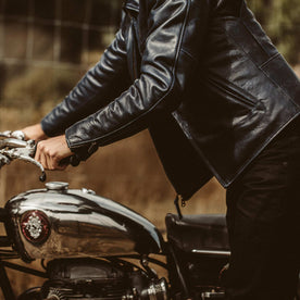 Our fit model wearing the Midnight moto jacket