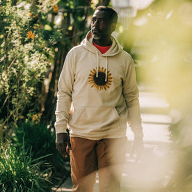 fit model wearing The Fillmore Hoodie in Sunflower Embroidery