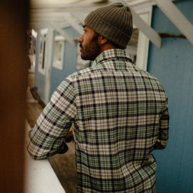fit model from the back in The Ledge Shirt in Blue Plaid