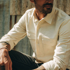 fit model wearing The Point Shirt in Natural Reverse Sateen, cropped chest shot