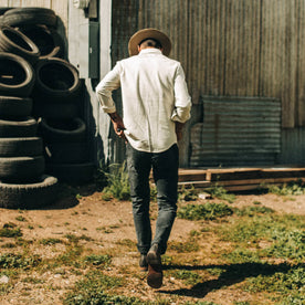 fit model wearing The Point Shirt in Natural Reverse Sateen, back shot