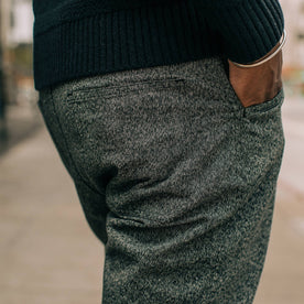 fit model wearing The Camp Pant in Navy Jaspe, back detail