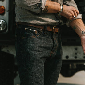 fit model wearing our Matsuba Selvage, up close shot of right leg