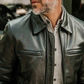 fit model wearing The Moto Jacket in Black Steerhide, chest detail