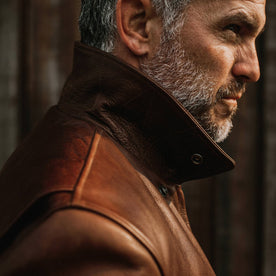 fit model wearing The Moto Jacket in Espresso Steerhide, collar popped