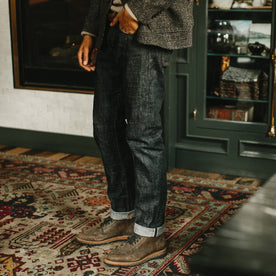 fit model wearing our Matsuba Selvage, standing inside