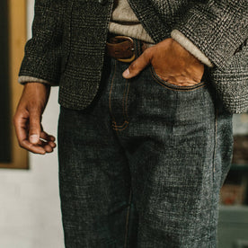 fit model wearing our Matsuba Selvage, up close, hand in pocket