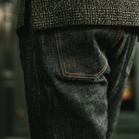 fit model wearing our Matsuba Selvage, back detail