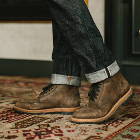 fit model wearing our Matsuba Selvage, walking left