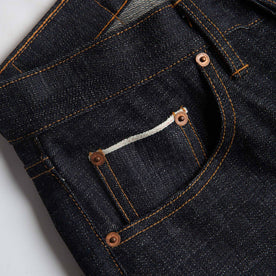 fit model wearing our Matsuba Selvage, pocket detail