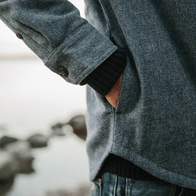 fit model wearing The Lined Utility Shirt in Indigo and Slate Twill with hand in pocket