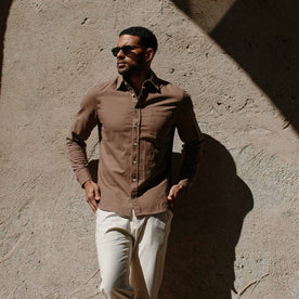 our fit model wearing The California in Khaki Herringbone