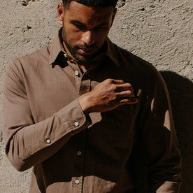 our fit model wearing The California in Khaki Herringbone