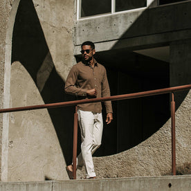 our fit model wearing The California in Khaki Herringbone