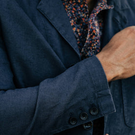 our fit model wearing The Gibson Jacket in Navy—cropped shot of sleeve