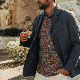 our fit model wearing The Gibson Jacket in Navy—cropped shot, nose down