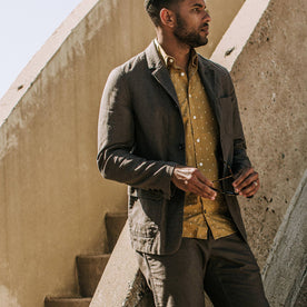 our fit model wearing The Gibson Jacket in Gravel—looking right