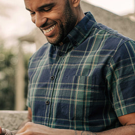 our fit model wearing The Short Sleeve Jack in Green Madras