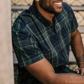our fit model wearing The Short Sleeve Jack in Green Madras