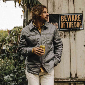 our fit model wearing The Bushland Shirt Jacket in Ash Ripstop