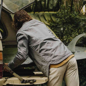 our fit model wearing The Bushland Shirt Jacket in Ash Ripstop
