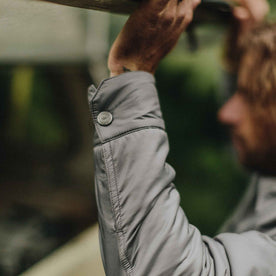 our fit model wearing The Bushland Shirt Jacket in Ash Ripstop