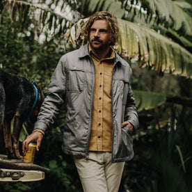 our fit model wearing The Bushland Shirt Jacket in Ash Ripstop