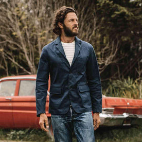our fit model wearing The Gibson Jacket in Light Navy