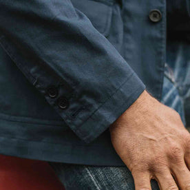 our fit model wearing The Gibson Jacket in Light Navy