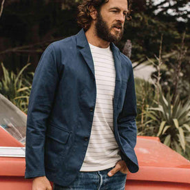 our fit model wearing The Gibson Jacket in Light Navy