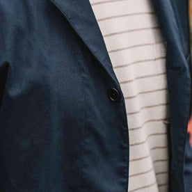 our fit model wearing The Gibson Jacket in Light Navy