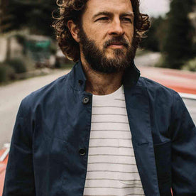our fit model wearing The Gibson Jacket in Light Navy
