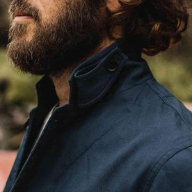 our fit model wearing The Gibson Jacket in Light Navy