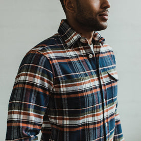 Our fit model wearing The Crater Shirt in Navy Plaid