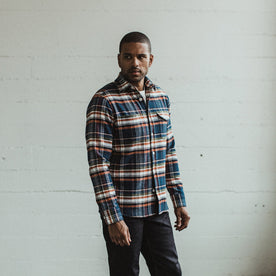 Our fit model wearing The Crater Shirt in Navy Plaid