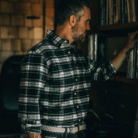 our fit model wearing The Yosemite Shirt in Blue Tartan
