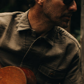 our fit model wearing The Caravan Shirt in Walnut Double Cloth—cropped shot of chest