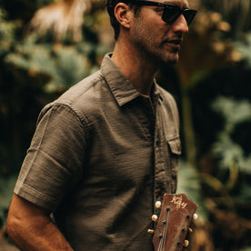 our fit model wearing The Caravan Shirt in Walnut Double Cloth—walking right, cropped shot