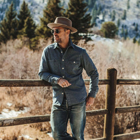 our fit model wearing The Moto Utility Shirt in Indigo Pindot