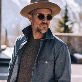 our fit model wearing The Moto Utility Shirt in Indigo Pindot