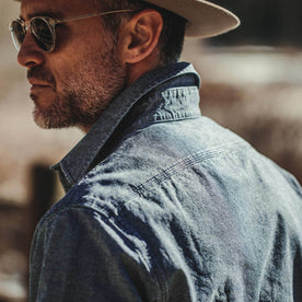 our fit model wearing The Moto Utility Shirt in Indigo Pindot