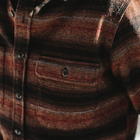 our fit model wearing The Moto Utility Shirt in Sunset Stripe