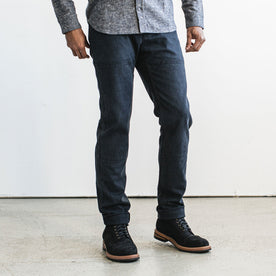 our fit model wearing The Chore Pant in Indigo Boss Duck